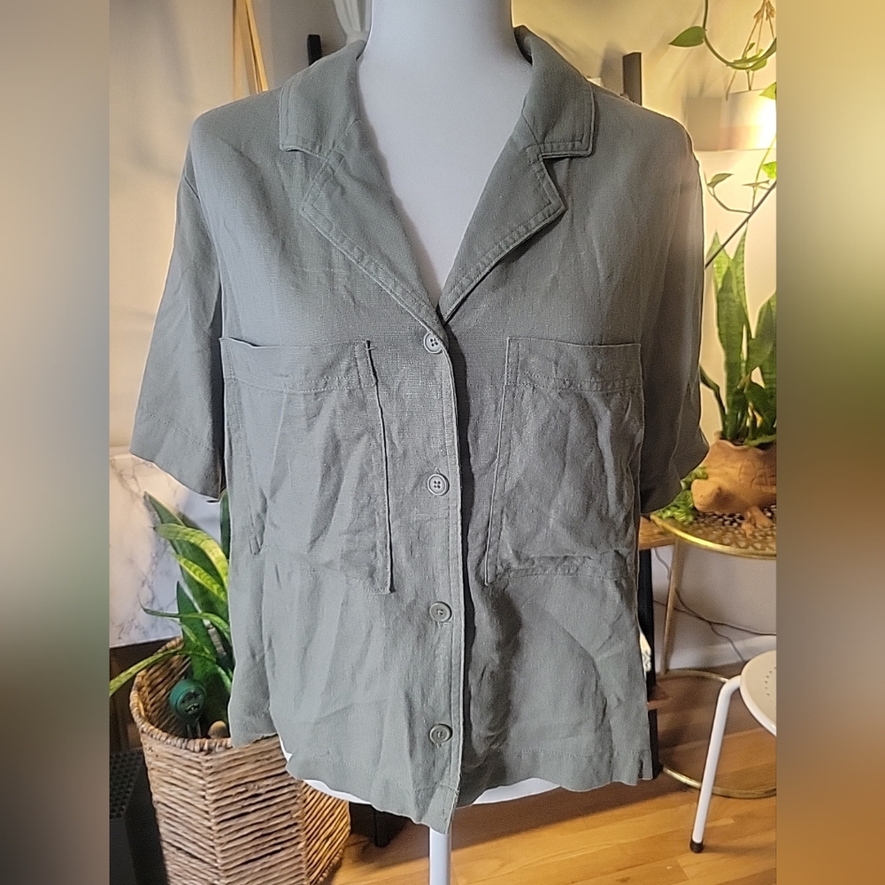 Buffalo David Bitton Women's Casual Linen Blend Button-Up Shirt Sage Green Large